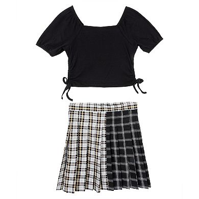 Girls 7-16 Rare Editions 3-Piece Puff Sleeve Top, Two-Tone Plaid Skirt & Necklace Set