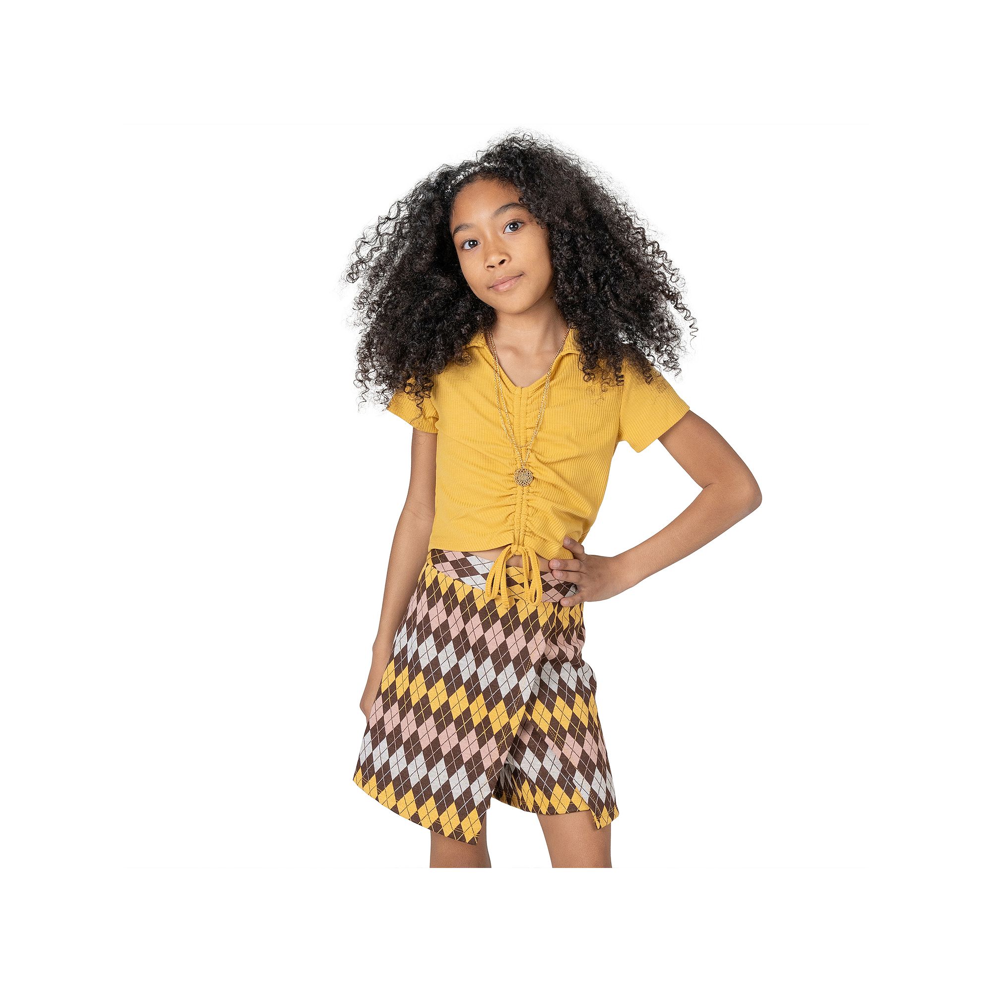 Girls 7-16 Rare Editions 3-Piece Cinched Polo Tee, Argyle Print Skort & Nec
