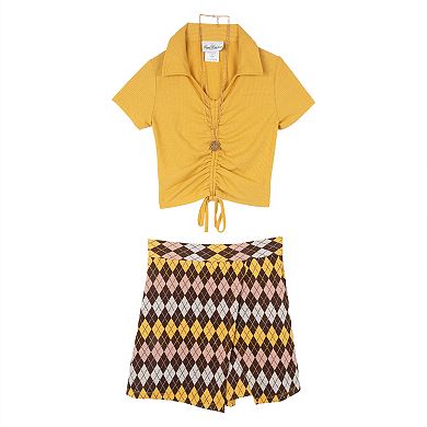 Girls 7-16 Rare Editions 3-Piece Cinched Polo Tee, Argyle Print Skort & Necklace Set