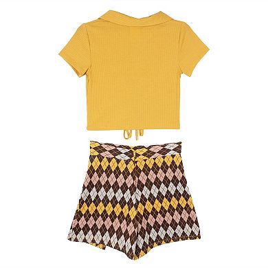 Girls 7-16 Rare Editions 3-Piece Cinched Polo Tee, Argyle Print Skort & Necklace Set