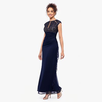 Women's BA Nites Lace Top Sheer Matte Jersey Ruffle Evening Dress