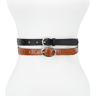 Women's LC Lauren Conrad 2-Piece Skinny & Reversible Crocodile Print Belts Set