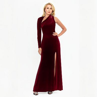 Women's BA Nites Long Single Sleeve Velvet Slit Dress
