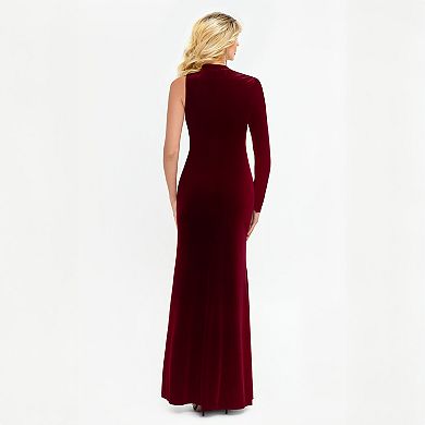 Women's BA Nites Long Single Sleeve Velvet Slit Dress