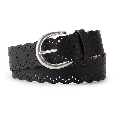 Black Leather Scalloped Perforated Belt. Size M Women’s. Silver Buckle Like New Vintage Wide Black Leather Belt: Perforated Design, Silver  main image 3