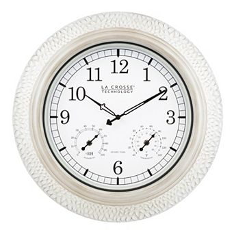 La Crosse Technology 21 in Indoor/Outdoor Atomic Whitewashed Hammered Metal Wall Clock with Temperature