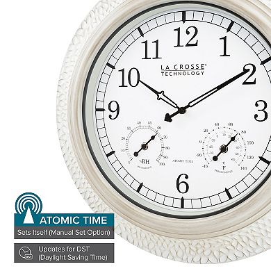 La Crosse Technology 21-in. Indoor/Outdoor Atomic Whitewashed Hammered Metal Wall Clock with Temperature