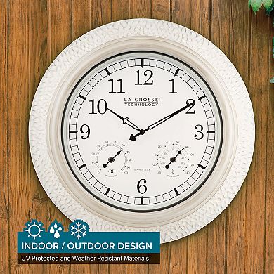 La Crosse Technology 21-in. Indoor/Outdoor Atomic Whitewashed Hammered Metal Wall Clock with Temperature