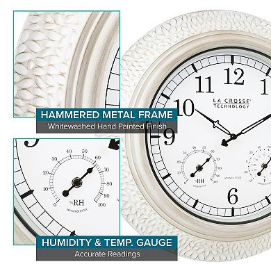 La Crosse Technology 21-in. Indoor/Outdoor Atomic Whitewashed Hammered Metal Wall Clock with Temperature