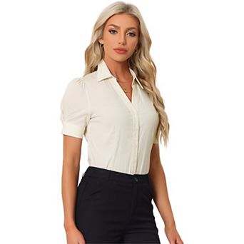 Women's Office Blouse Button Down One-Piece Short Sleeve Bodysuit Work Shirt