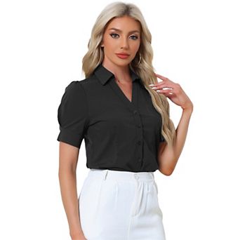 Women's Office Blouse Button Down One-Piece Short Sleeve Bodysuit Work Shirt