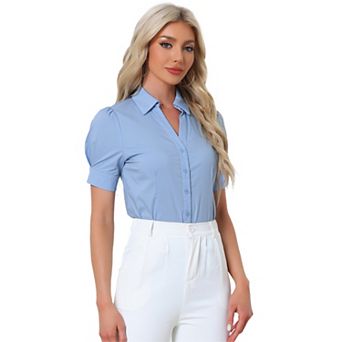 Women's Office Blouse Button Down One-Piece Short Sleeve Bodysuit Work Shirt