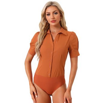 Women's Office Blouse Button Down One-Piece Short Sleeve Bodysuit Work Shirt
