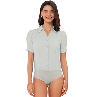 Women's Office Blouse Button Down One-Piece Short Sleeve Bodysuit Work Shirt