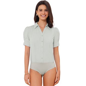 Women's Office Blouse Button Down One-Piece Short Sleeve Bodysuit Work Shirt