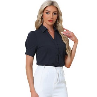 Women's Office Blouse Button Down One-Piece Short Sleeve Bodysuit Work Shirt