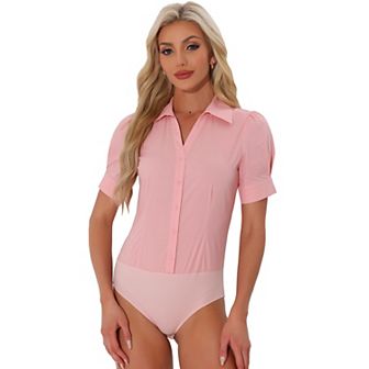 Women's Office Blouse Button Down One-piece Short Sleeve Bodysuit Work Shirt