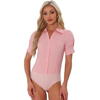 Women's Office Blouse Button Down One-Piece Short Sleeve Bodysuit Work Shirt