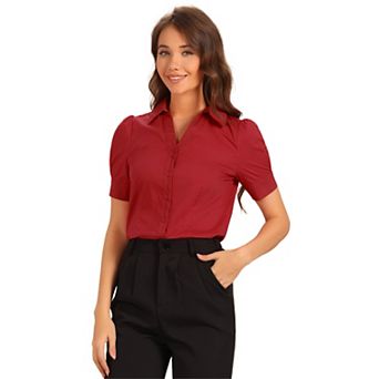 Women's Office Blouse Button Down One-Piece Short Sleeve Bodysuit Work Shirt