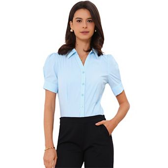 Women's Office Blouse Button Down One-Piece Short Sleeve Bodysuit Work Shirt