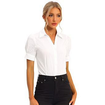 Women's Office Blouse Button Down One-Piece Short Sleeve Bodysuit Work Shirt