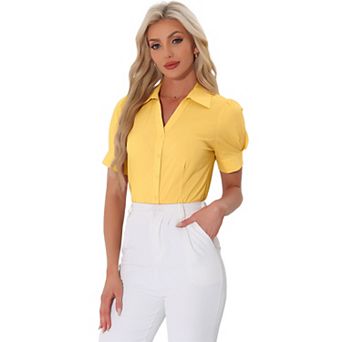 Women's Office Blouse Button Down One-Piece Short Sleeve Bodysuit Work Shirt