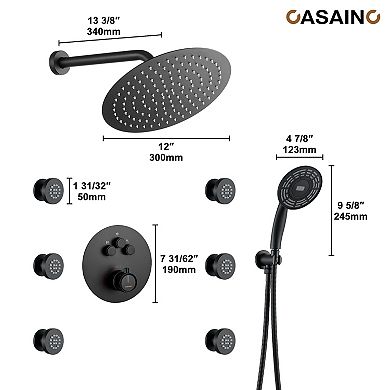 Casainc Digital 12inch 3 Function Luxury Thermostatic Shower System With 6-jet