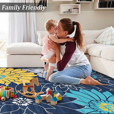 Glowsol Contemporary Floral Print Area Rug Soft Washable Carpet For Living Room