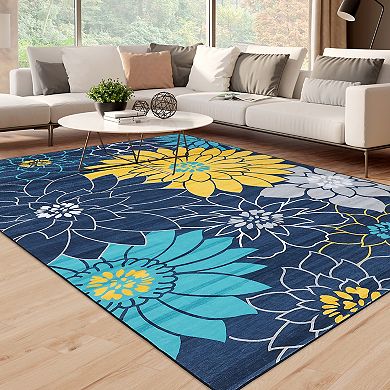 Glowsol Contemporary Floral Print Area Rug Soft Washable Carpet For Living Room