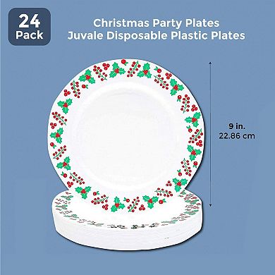 24 Pack Reusable Plastic Christmas Plates For Holiday Party Supplies, 9 In