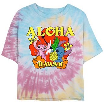 Disney's Lilo & Stitch Juniors' Aloha Angel And Stitch Cropped Tie Dye Graphic Tee