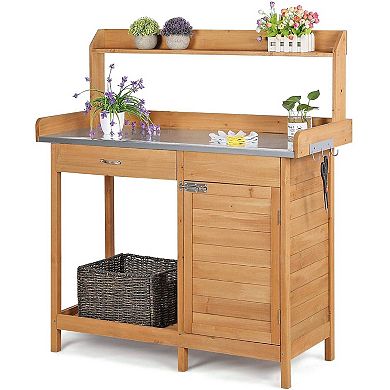 Natural Fir Wood Potting Bench with Galvanized Steel Top, Cabinet, Drawer, and Storage Shelf, 49" H