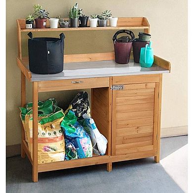 Natural Fir Wood Potting Bench with Galvanized Steel Top, Cabinet, Drawer, and Storage Shelf, 49" H