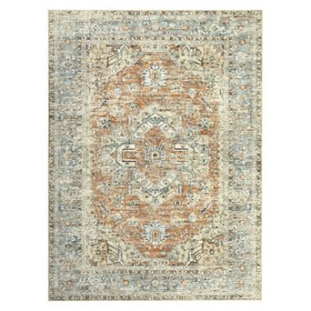 Garvee Vintage Floral Medallion Area & Washable Distressed Throw Rug
