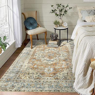 Garvee Vintage Floral Medallion Area & Washable Distressed Throw Rug