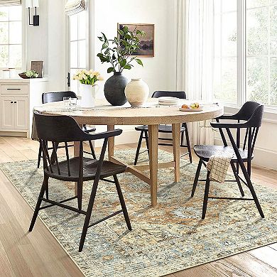 Garvee Vintage Floral Medallion Area & Washable Distressed Throw Rug