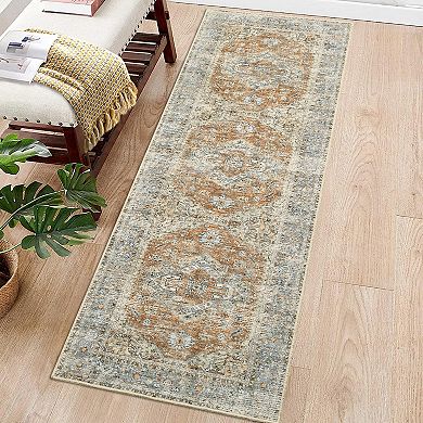 Garvee Vintage Floral Medallion Area & Washable Distressed Throw Rug