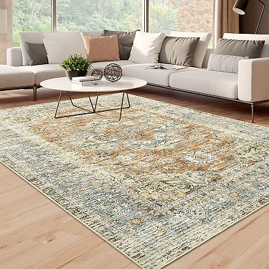 Garvee Vintage Floral Medallion Area & Washable Distressed Throw Rug
