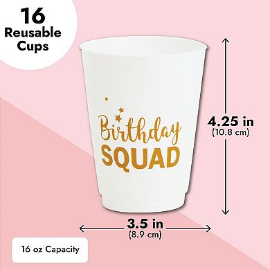 16 Pack Reusable Plastic Birthday Cups for Adults and Women, 16 oz, 4.25 x 3.5"