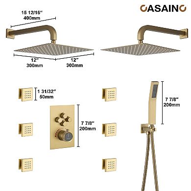 12" Dual Heads Shower System Rain Shower Head With 4 Way Thermostatic Faucet