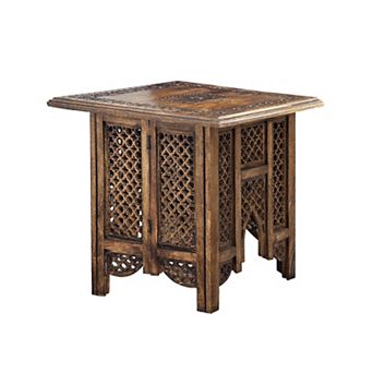 21 Inch Boho Side End Table, Floral Carved Details, Foldable Panel Legs, Natural Walnut Brown