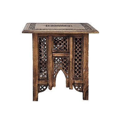 21 Inch Boho Side End Table, Floral Carved Details, Foldable Panel Legs, Natural Walnut Brown