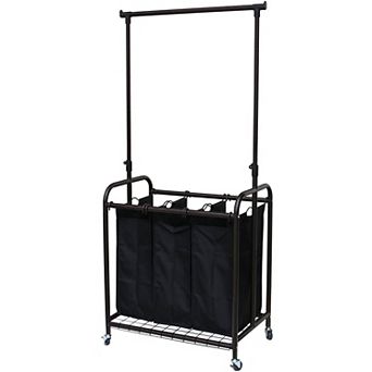 Bronze Black 3-bag Laundry Sorter Hamper With Adjustable Clothes Hanging Bar