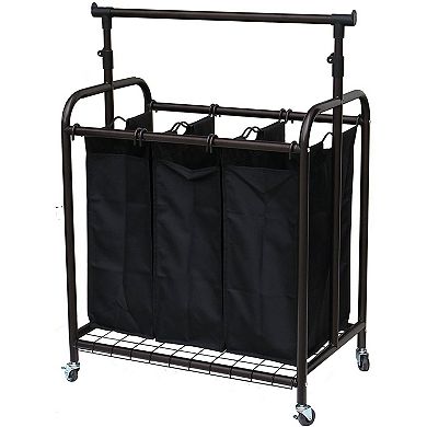 Bronze Black 3-bag Laundry Sorter Hamper With Adjustable Clothes Hanging Bar
