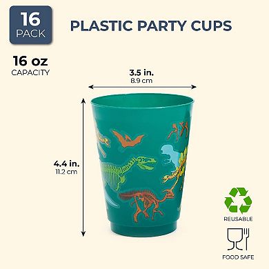 16 Pack Plastic Dinosaur Cups, Dino Party Favors For Birthday Supplies (16 Oz)