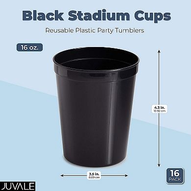 Black Stadium Cups, Reusable Plastic Party Tumblers (16 Oz, 16 Pack)