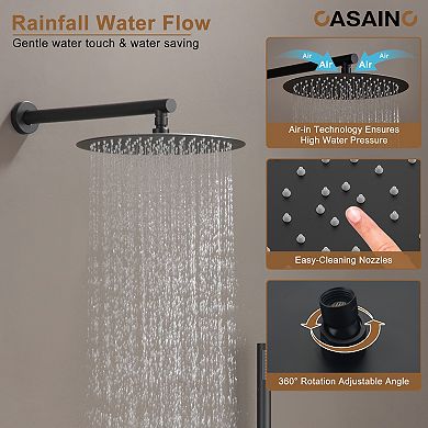 Casainc 12inch 3 Function Luxury Thermostatic Shower System Rainfall With 6-jet