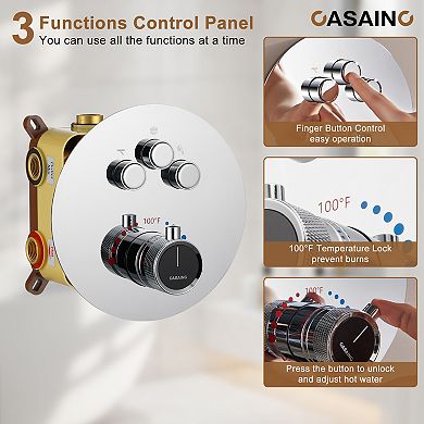 Casainc 22inch 3 Function Luxury Thermostatic Shower System Waterfall 2.5 Gpm