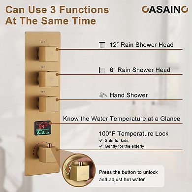 Digital Display 3 Function Thermostatic Dual Shower System Set With Led & Music
