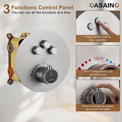 Casainc 12inch 3 Function Luxury Thermostatic Shower System Rainfall With 6-jet